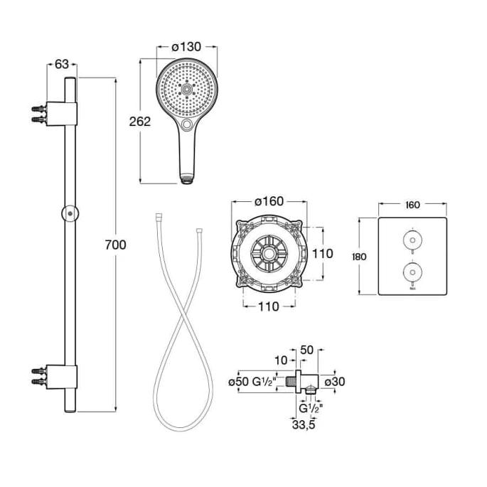 Roca Concealed Shower Set Roca T-500 Square Thermostatic Concealed Shower Valve with Shower Handset and Slide Rail Set