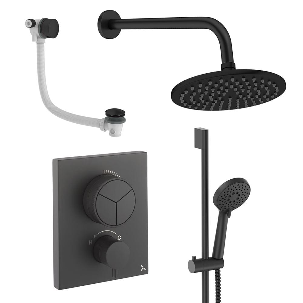 UK Bathroom Store Concealed Shower Set Matt Black / Wall Arm / 200mm Crosswater Crossbox Push Shower Set 8 - 3 Outlet with Fixed Overhead Shower, Slide Rail Kit and Overflow Bath Filler Waste
