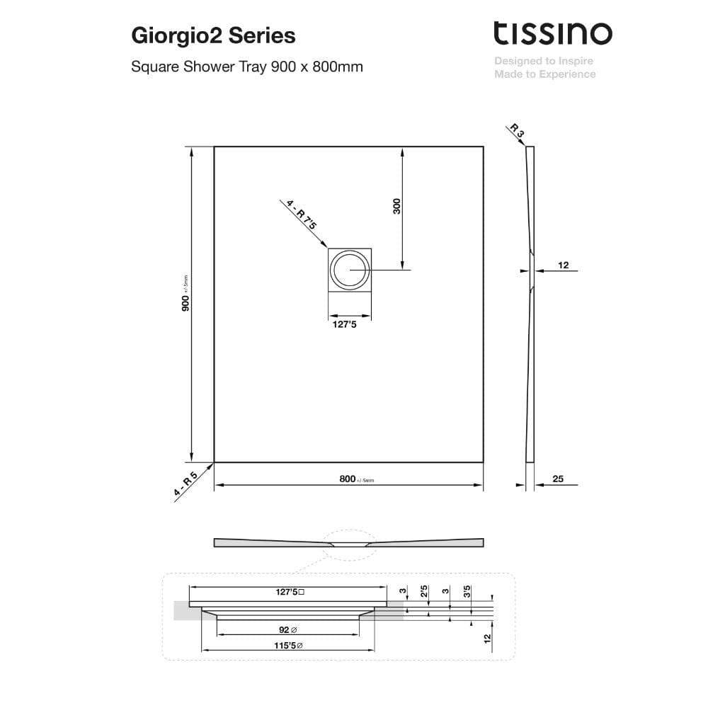 Tissino Rectangle Shower Tray 900 x 800mm Tissino Giorgio2 Rectangle Shower Tray in White Slate