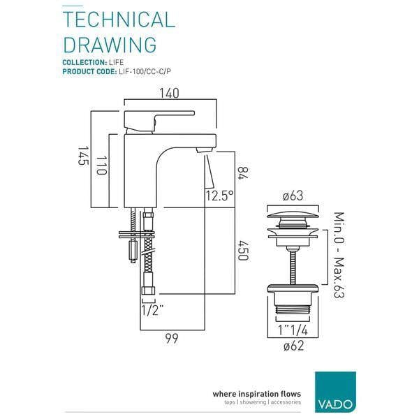 VADO Mono Basin Tap Vado Life Mono Basin Mixer Tap with Universal Waste in Chrome