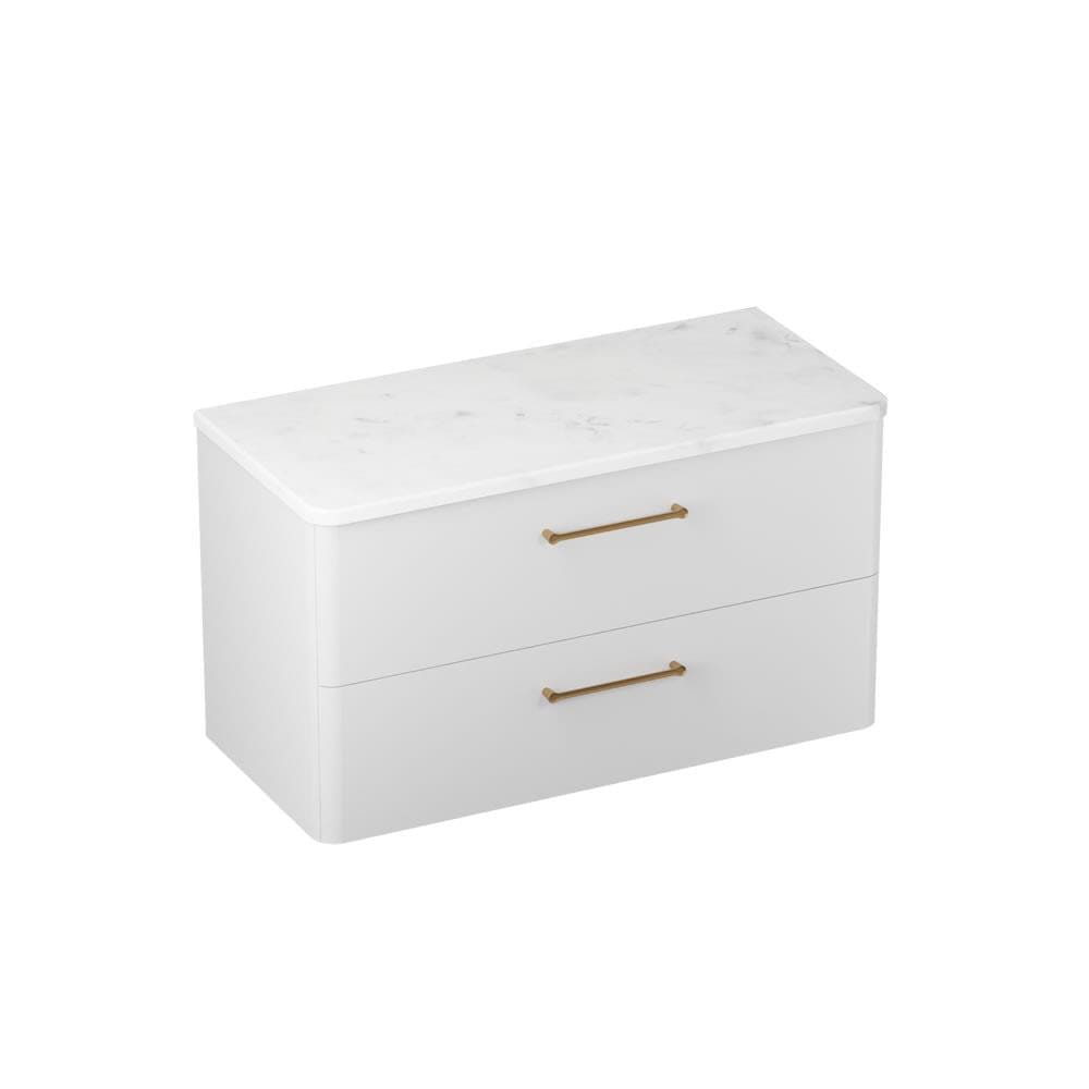 Britton Wall Mounted Vanity Unit Frosted White / Carrara Marble Effect Worktop / Brushed Brass Britton Camberwell Wall Mounted 1000mm Vanity Unit with Basin or Worktop