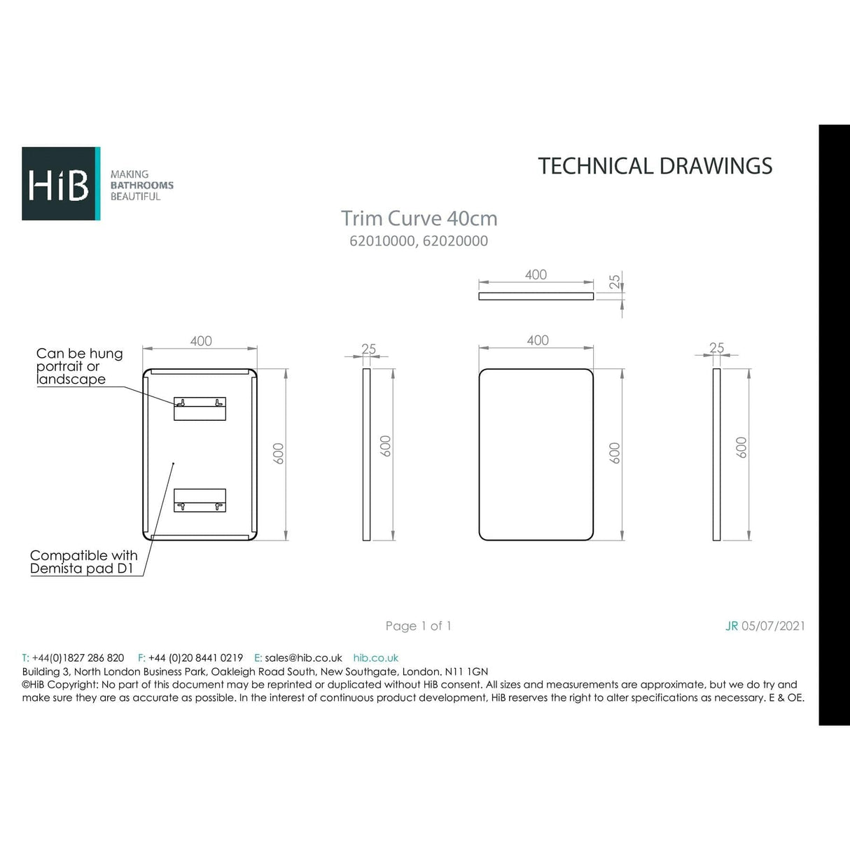 HiB Standard Mirror 400 x 600mm / Matt White HiB Trim Curve Bathroom Mirror