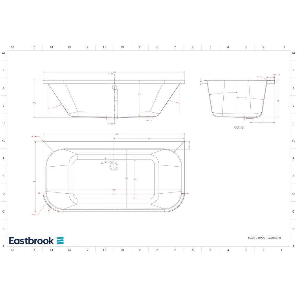Eastbrook Double Ended Bath 1600 x 800 / Reinforced Eastbrook Malin D-Shape Back To Wall Double Ended Bath
