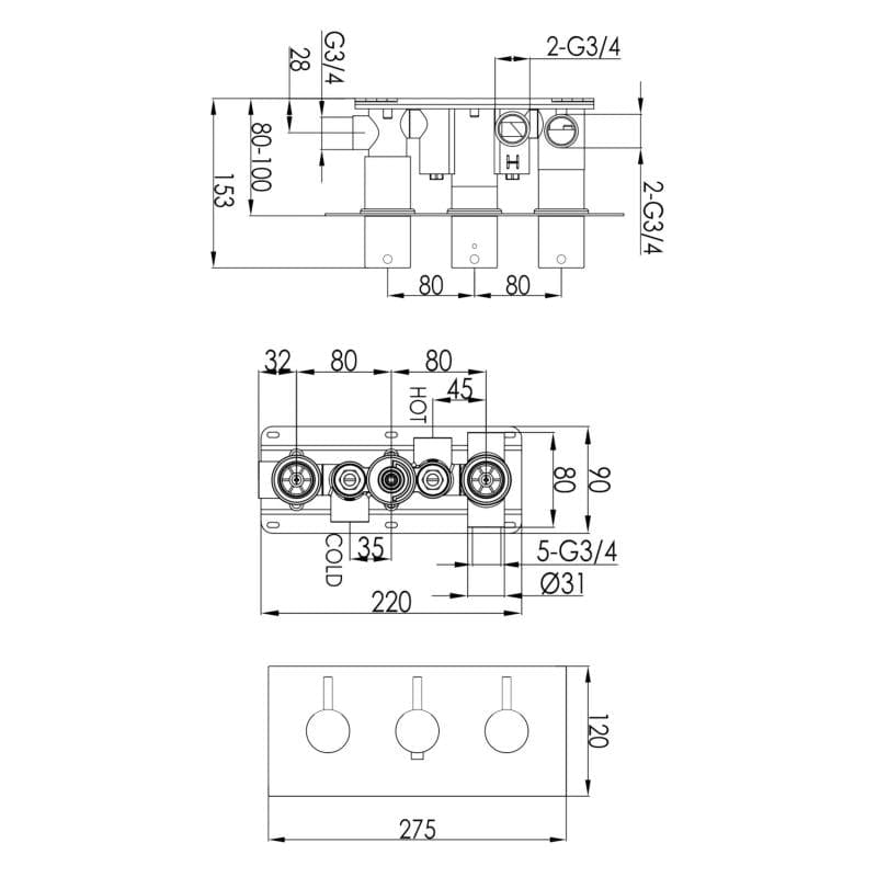 JTP Concealed Shower Valve JTP VOS 3 Outlet, 3 Handle, Horizontal Concealed Thermostatic Shower Valve