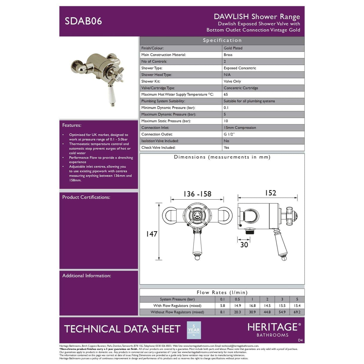 Heritage Exposed Shower Valve Heritage Dawlish Exposed Thermostatic, I Outlet, 2 Handle Shower Valve