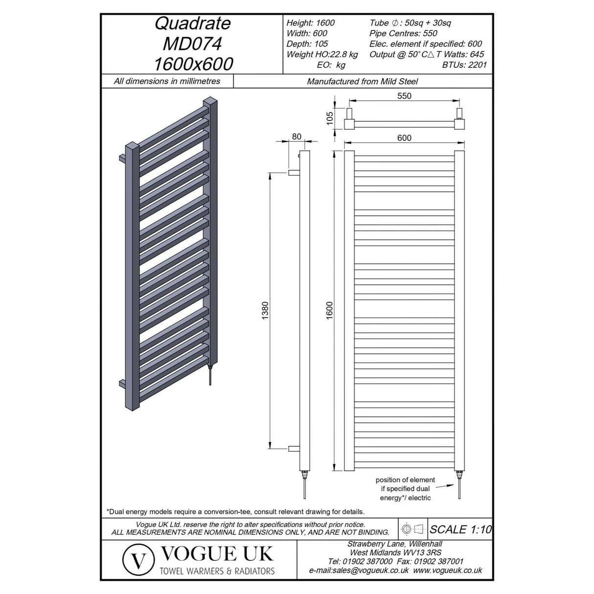 Vogue Designer Towel Radiator 1600 x 600 / Dual Fuel Vogue Quadrate Straight Designer Towel Radiator in Chrome