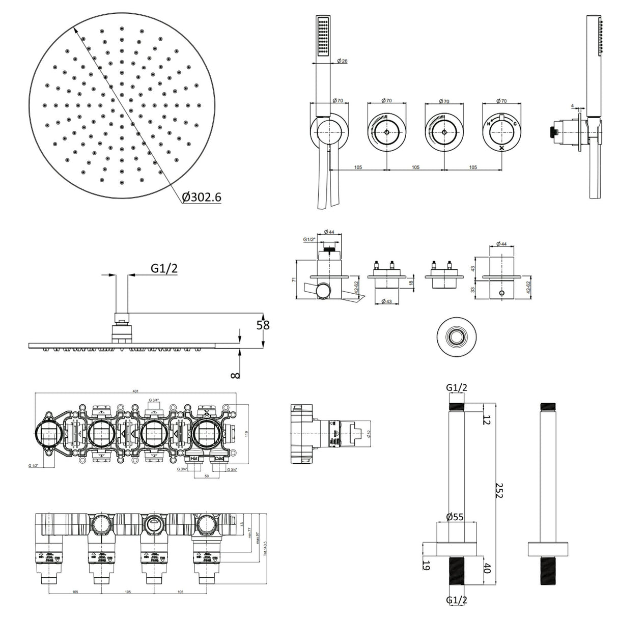UK Bathroom Store Concealed Shower Set Crosswater Module Shower Set 8 - 2 Outlet with Pencil Handset and Overhead Shower