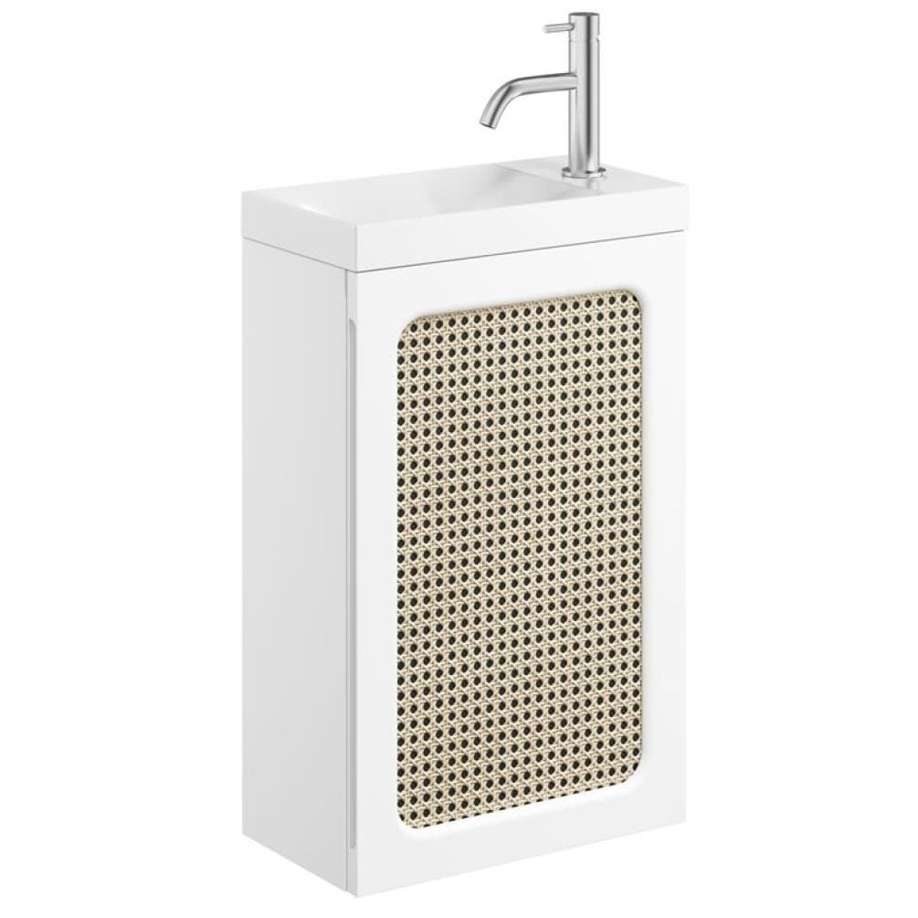 Crosswater Cloakroom Vanity Unit White and Rattan Crosswater Alo Cloakroom Single Door Wall Mounted 400 x 220mm Vanity Unit with Basin