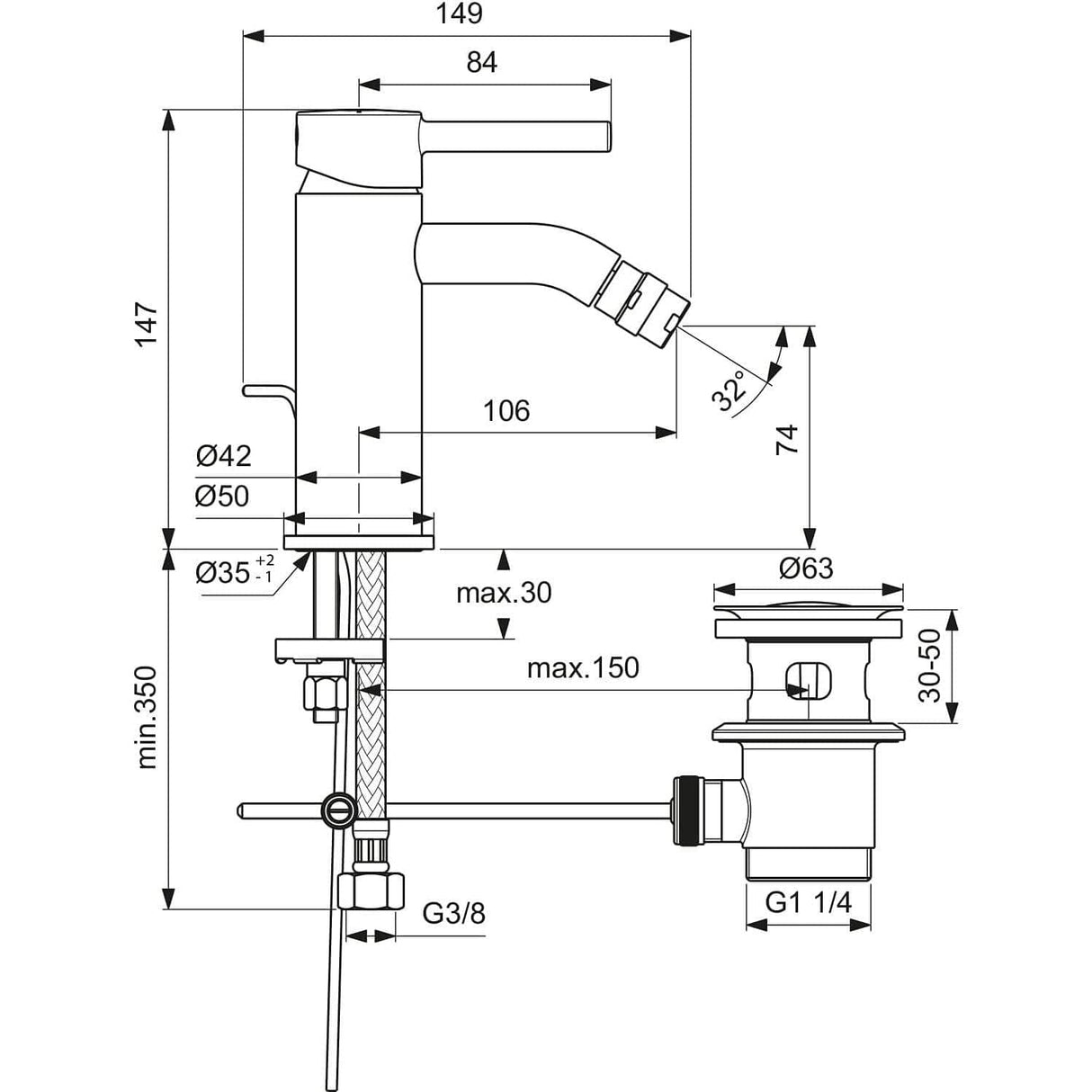 Ideal Standard Bidet Tap Ideal Standard Ceraline Single Lever Bidet Mixer Tap with Metal Pop-Up Waste in Silk Black