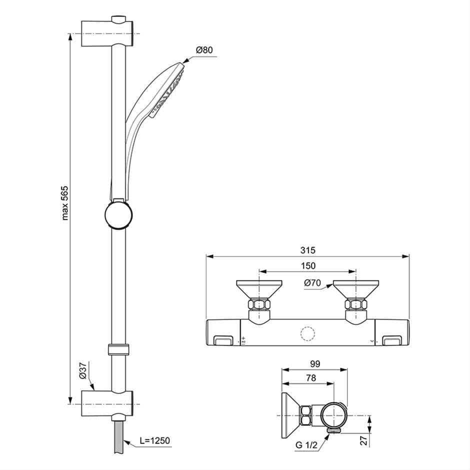 Ideal Standard Exposed Shower Set Ideal Standard Ceratherm T25 Exposed Thermostatic Shower Valve Set with Adjustable Riser and Handset in Chrome