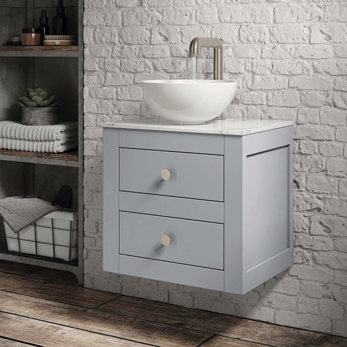Crosswater Wall Mounted Vanity Unit Storm Grey / 610 x 460mm Crosswater Canvass Vanity Unit with White Carrara Marble Effect Worktop