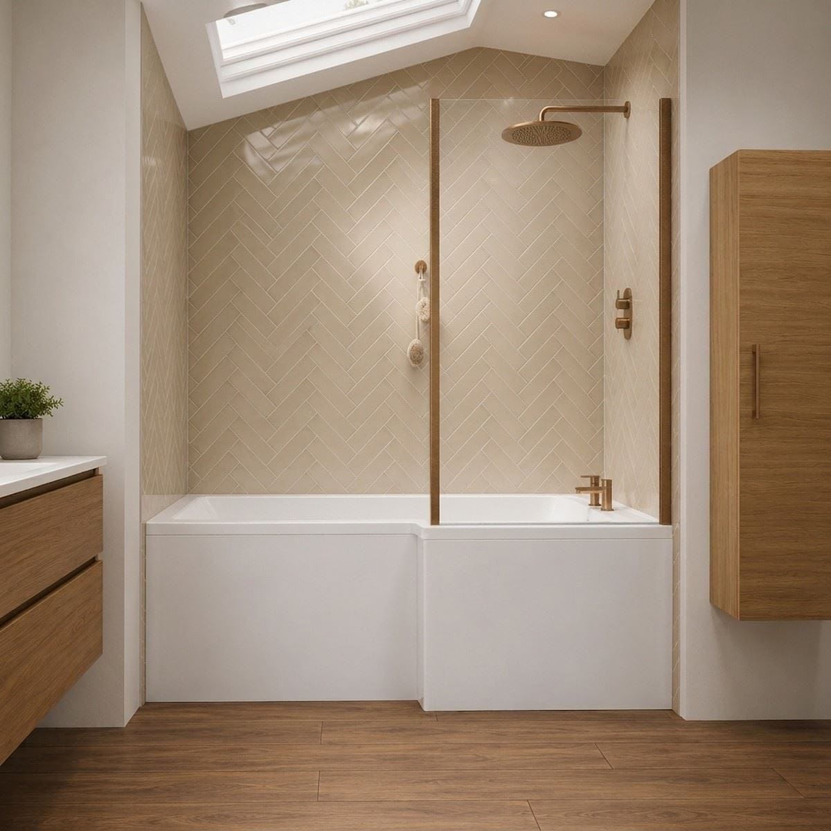 Aquarius Bathrooms L-Shaped Shower Bath Brushed Bronze / 1500 x 850mm / Right Aquarius Urbano L-Shape Square Shower Bath Pack with Screen and Panel