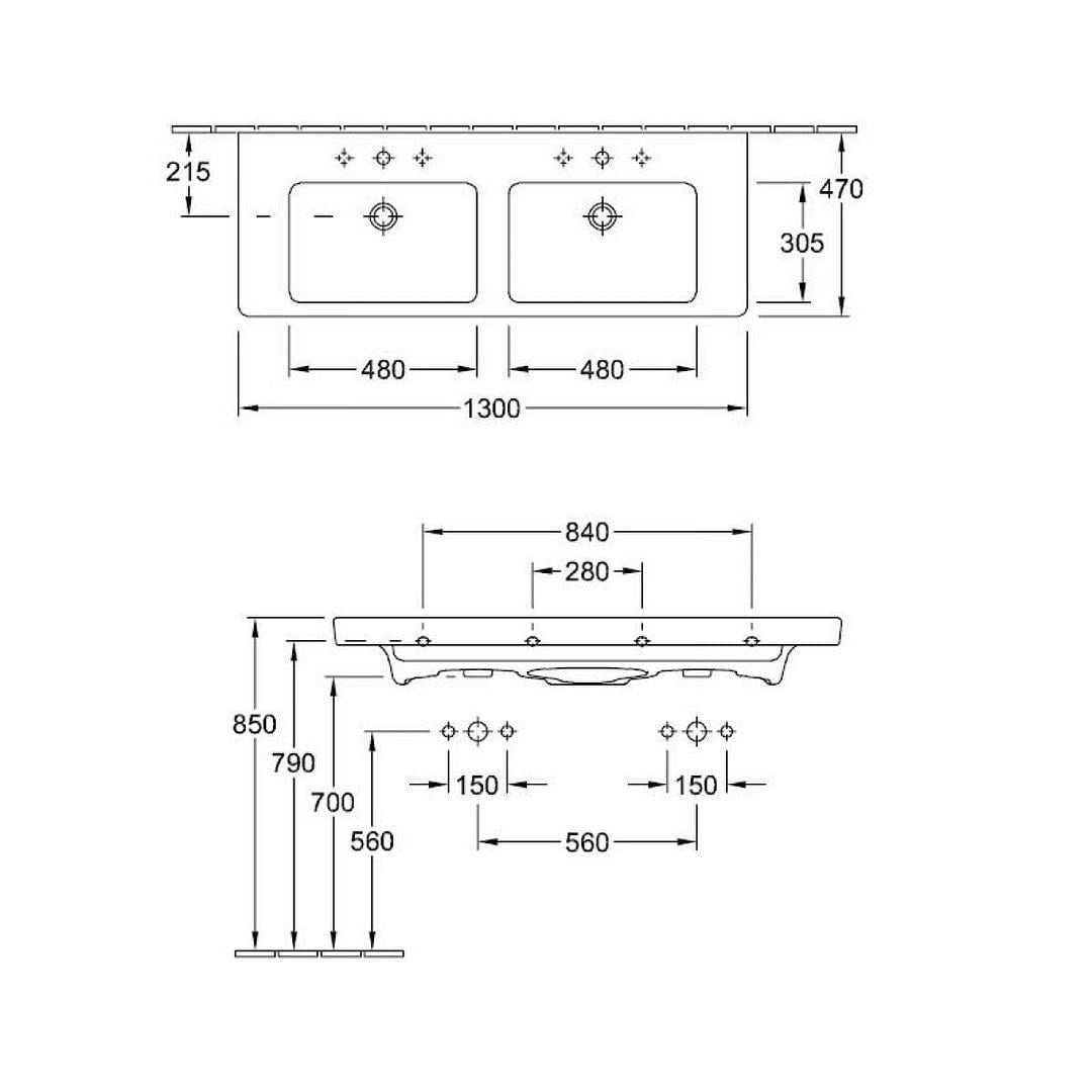 Villeroy & Boch Double Basin Villeroy & Boch Subway 2.0 Wall Hung Double Basin with overflow 1300mm Wide 2 tap hole in White