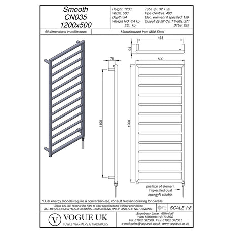 Vogue Designer Towel Radiator 1200 x 500 / Central Heating Vogue Smooth Straight Vertical Designer Towel Rail in Chrome