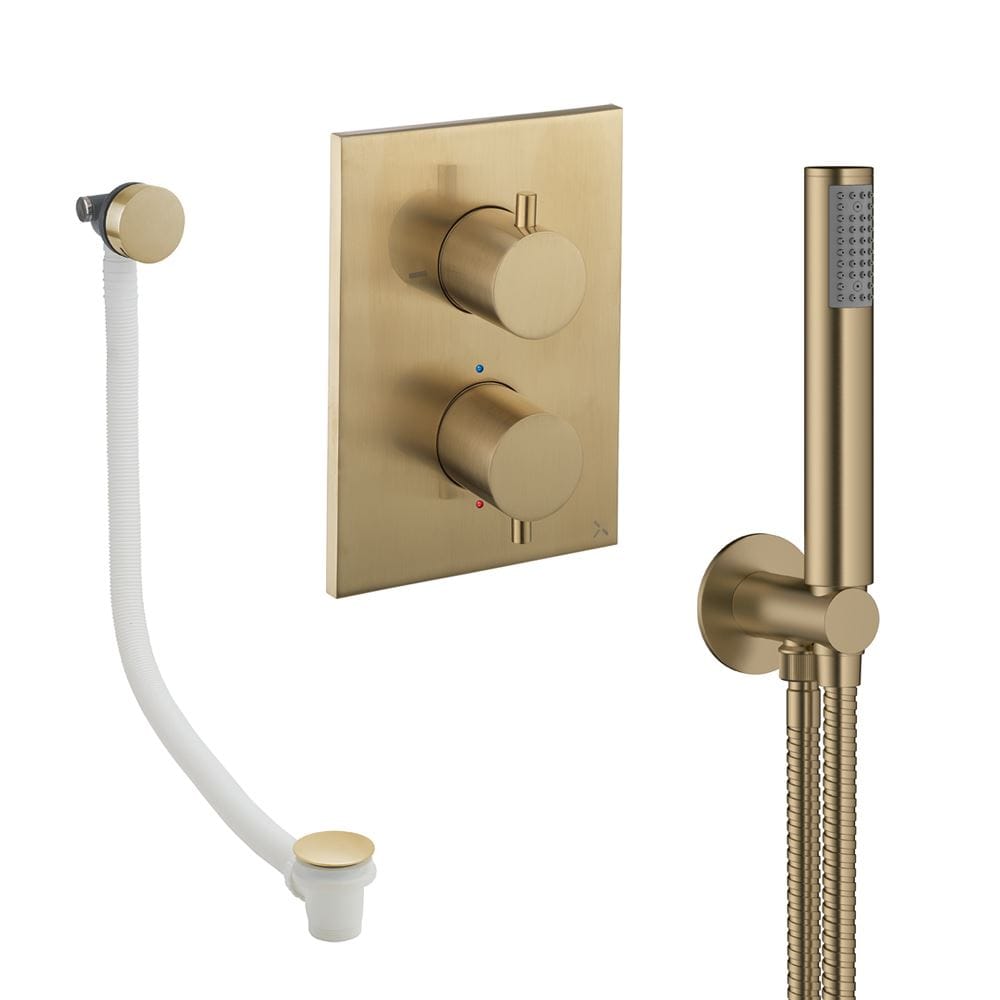 UK Bathroom Store Concealed Shower Set Brushed Brass Crosswater Crossbox Shower Set 5 - 2 Outlet with Pencil Handset and Overflow Bath Filler Waste