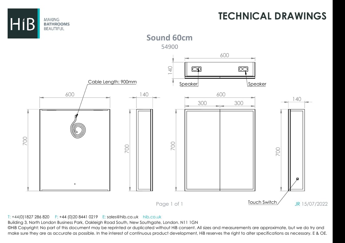 HiB Mirrored Cabinet 600 x 700mm HiB Sound LED Bluetooth Speaker Mirror Cabinet