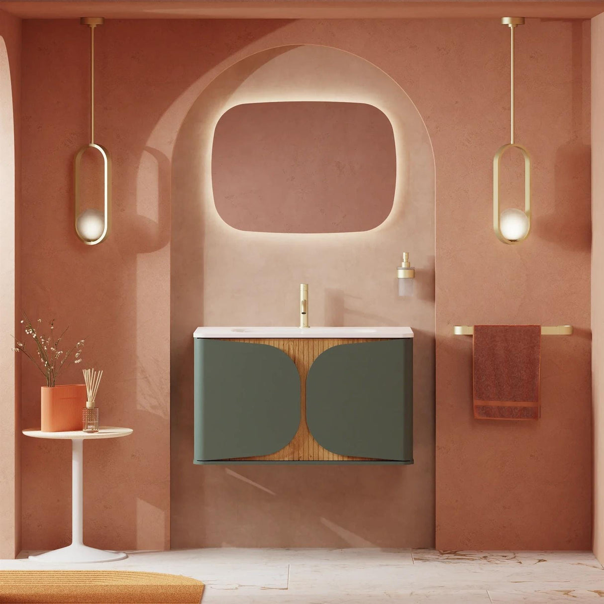 Crosswater Wall Mounted Vanity Unit Sage Green / Crosswater Tambour Worktop - Gold Vein Estatuario Crosswater Tambour 800mm Wall Mounted One Drawer Vanity Unit with Basin or Worktop
