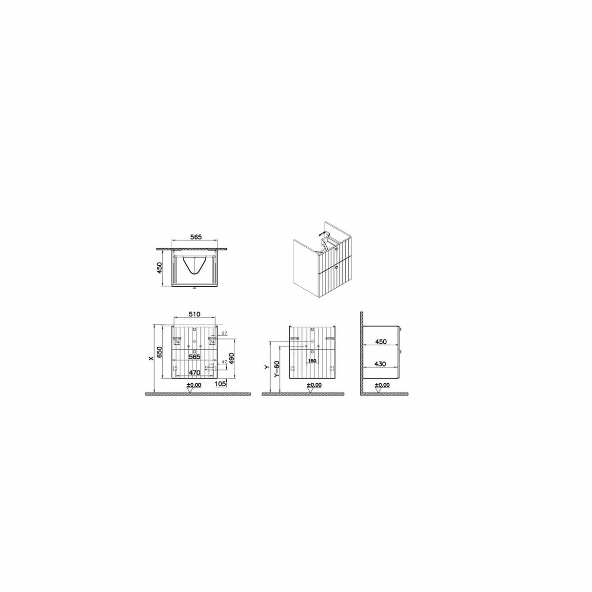 VitrA Root Groove Wall Mounted 2 Drawer Vanity Unit 600mm with One Tap Hole Basin