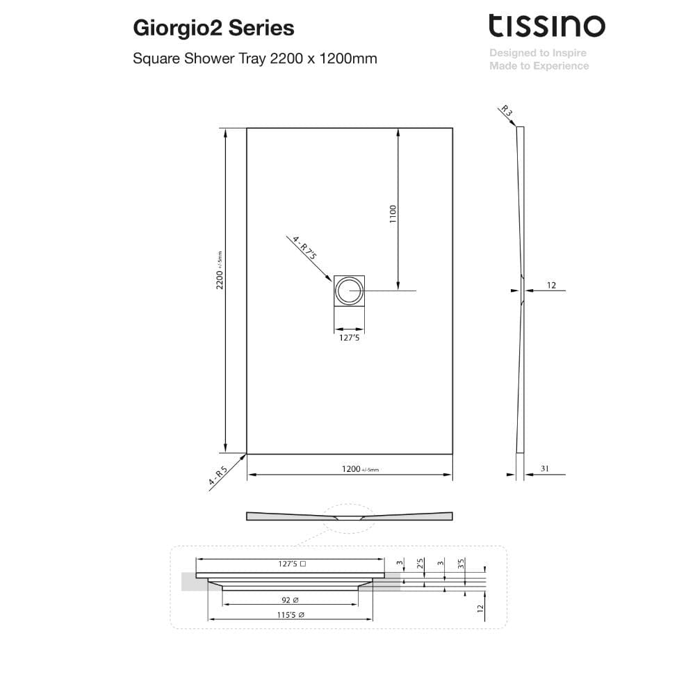 Tissino Rectangle Shower Tray 2200 x 1200mm Tissino Giorgio2 Rectangle Shower Tray in Grey Slate