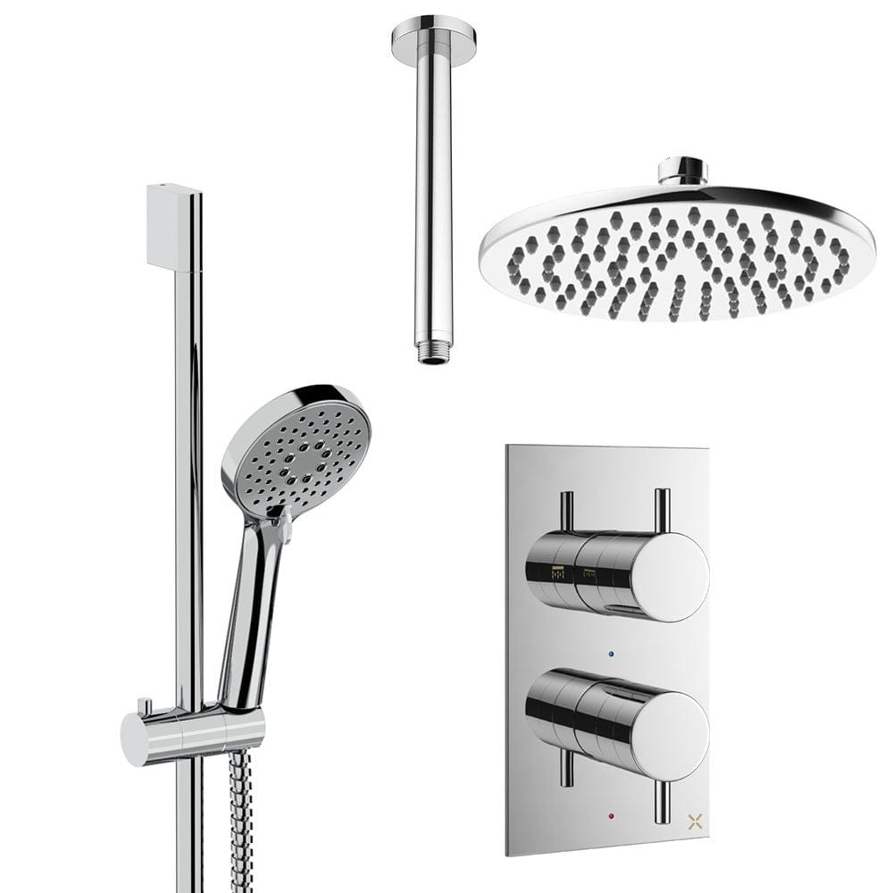 Crosswater Concealed Shower Set Chrome / Ceiling Arm / 200mm Crosswater Design 2 Handle 2 Outlet Shower Set 4 with Rainfall Head and Slide Rail Kit