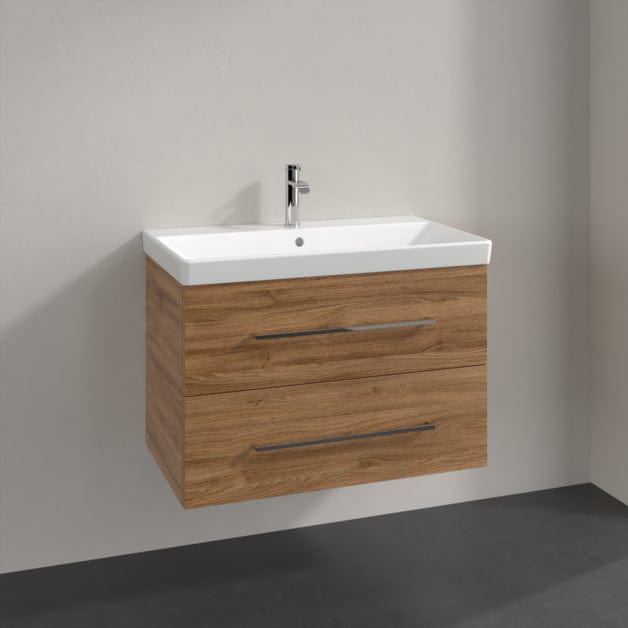 Villeroy & Boch Wall Mounted Vanity Unit Oak Kansas with Chrome Handles Villeroy & Boch Avento Wall Hung Vanity Unit 780mm Two Drawers with Basin