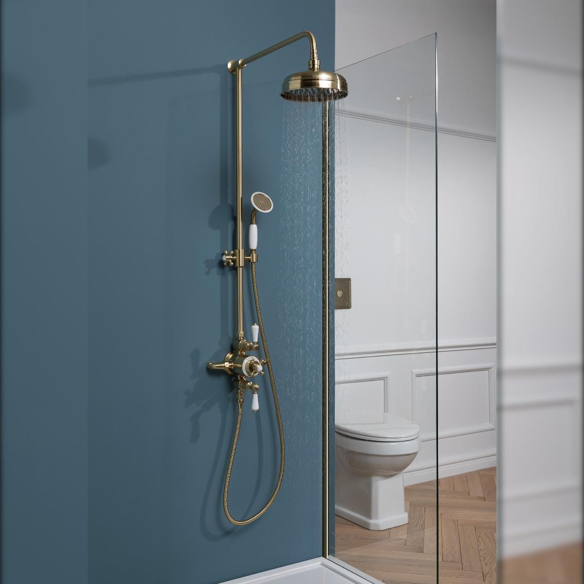 JTP Exposed Shower Set Brushed Brass JTP Grosvenor Exposed Thermostatic Traditional Shower Set With Fixed Shower Head and Handset