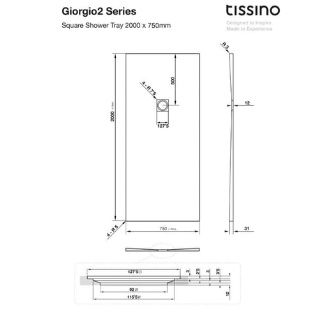 Tissino Rectangle Shower Tray 2000 x 750mm Tissino Giorgio2 Rectangle Shower Tray in Grey Slate
