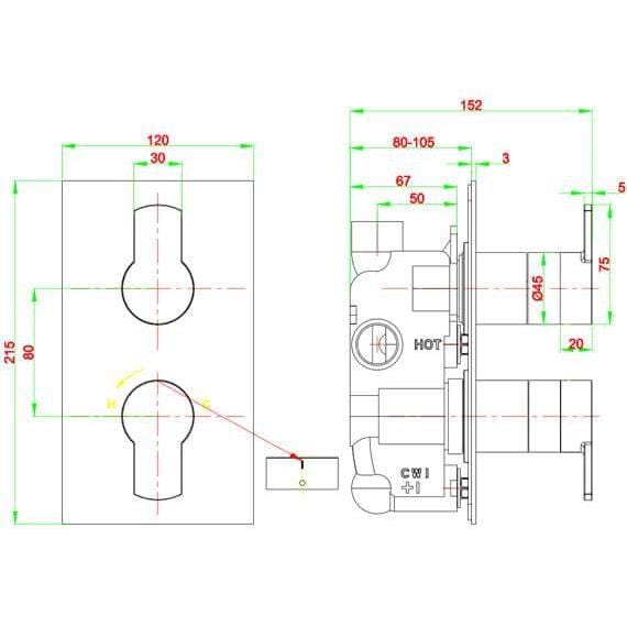 Crosswater Concealed Shower Valve Crosswater Wisp 1 Outlet, 2 Handle Concealed Thermostatic Shower Valve in Chrome