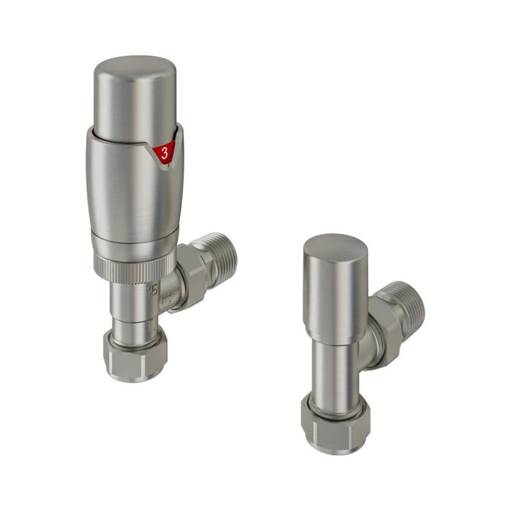 Eastbrook Radiator Valve Brushed Nickel Eastbrook Angled Thermostatic Radiator Valve with Lockshield 15mm (Pair)