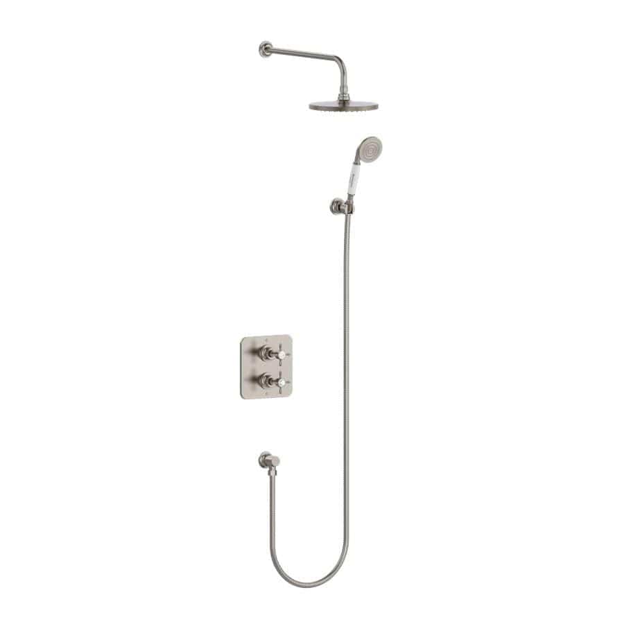 Burlington Concealed Shower Set Brushed Nickel Burlington Guild Square 1 Outlet, 2 Handle Concealed Thermostatic Shower Valve with Fixed Shower Arm & Head, Holder & Handset with Hose & Outlet Elbow