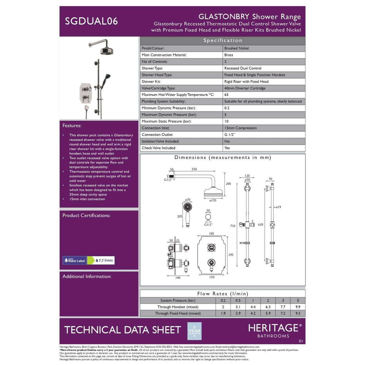 Heritage Concealed Shower Set Heritage Glastonbury Concealed Shower with Deluxe Fixed Shower Head and Premium Riser Rail Kit