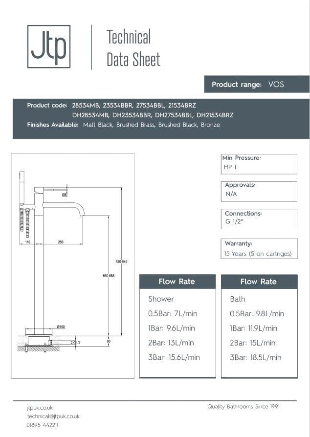 JTP Freestanding Bath Filler JTP VOS Floor Standing Bath Shower Mixer Tap with Kit
