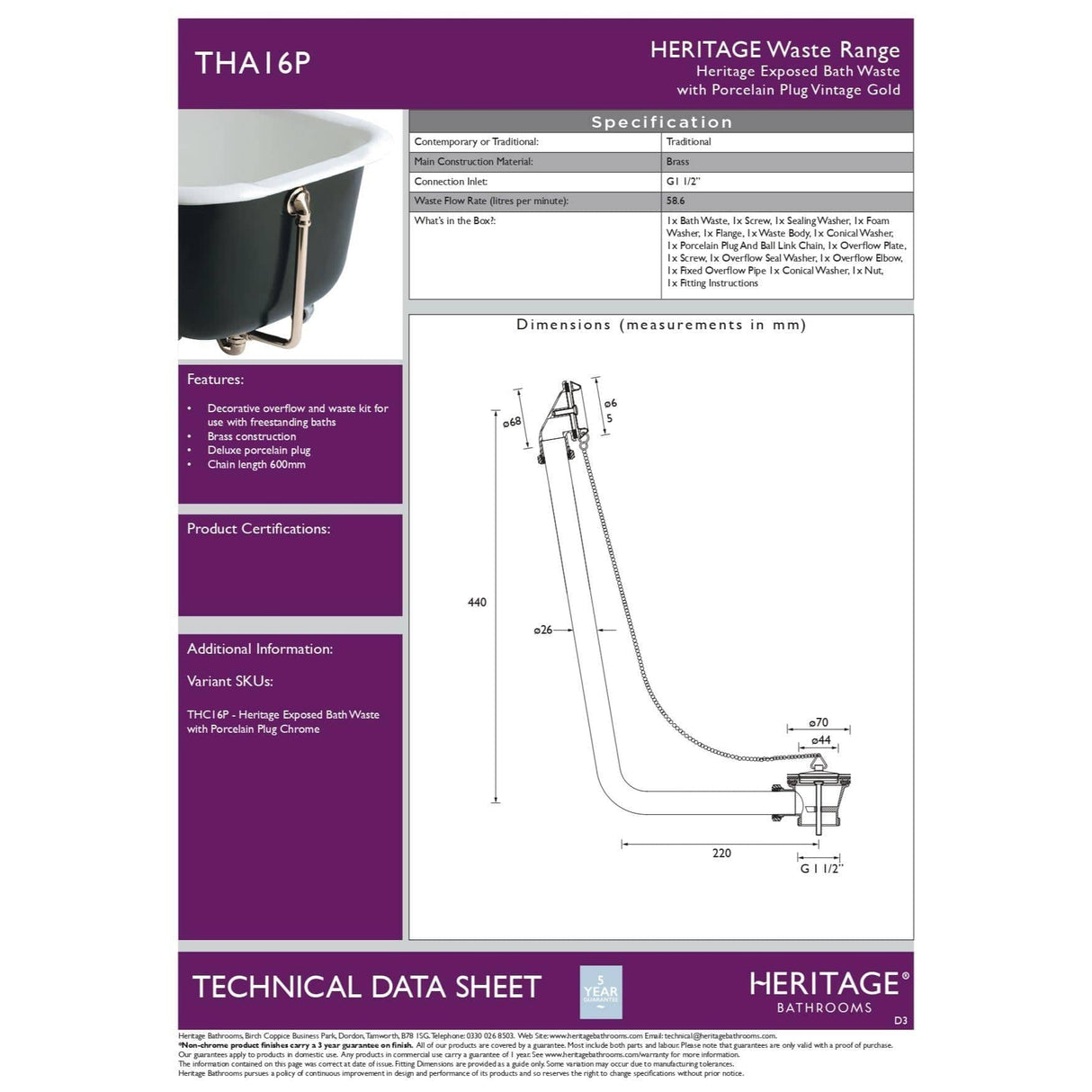 Heritage Exposed Bath Waste Heritage Exposed Bath Waste with Stowaway Plug and Chain