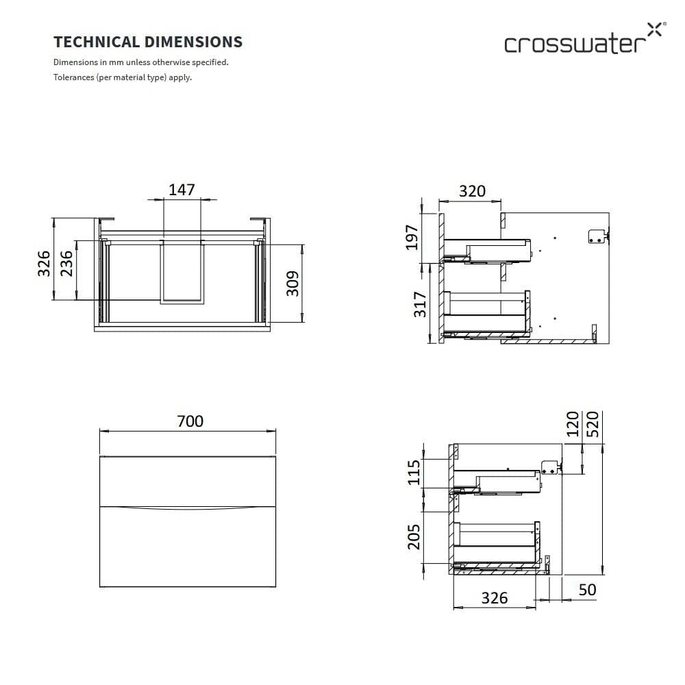 Crosswater Wall Mounted Vanity Unit Crosswater Glide II 2 Drawer Vanity Unit with Basin
