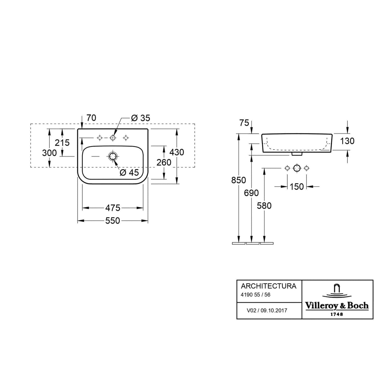 Villeroy & Boch Semi-Recessed Basin Villeroy & Boch Architectura 550mm Semi-Recessed Basin with Overflow in White Alpin