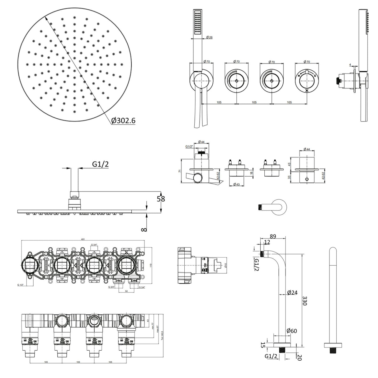 UK Bathroom Store Concealed Shower Set Crosswater Module Shower Set 8 - 2 Outlet with Pencil Handset and Overhead Shower