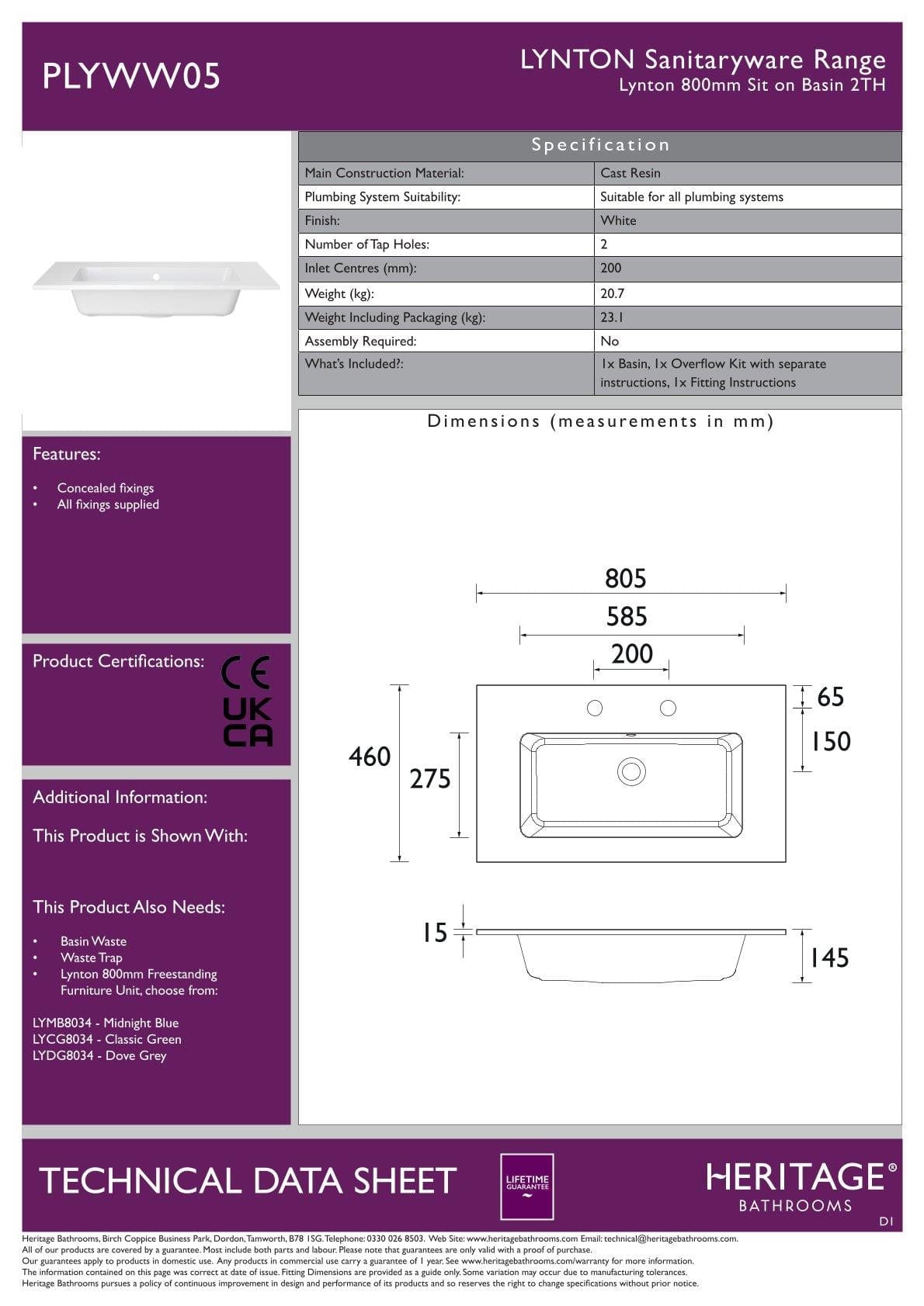 Heritage Wall Mounted Vanity Unit Heritage Lynton 800mm Wall Mounted Vanity Unit with Basin