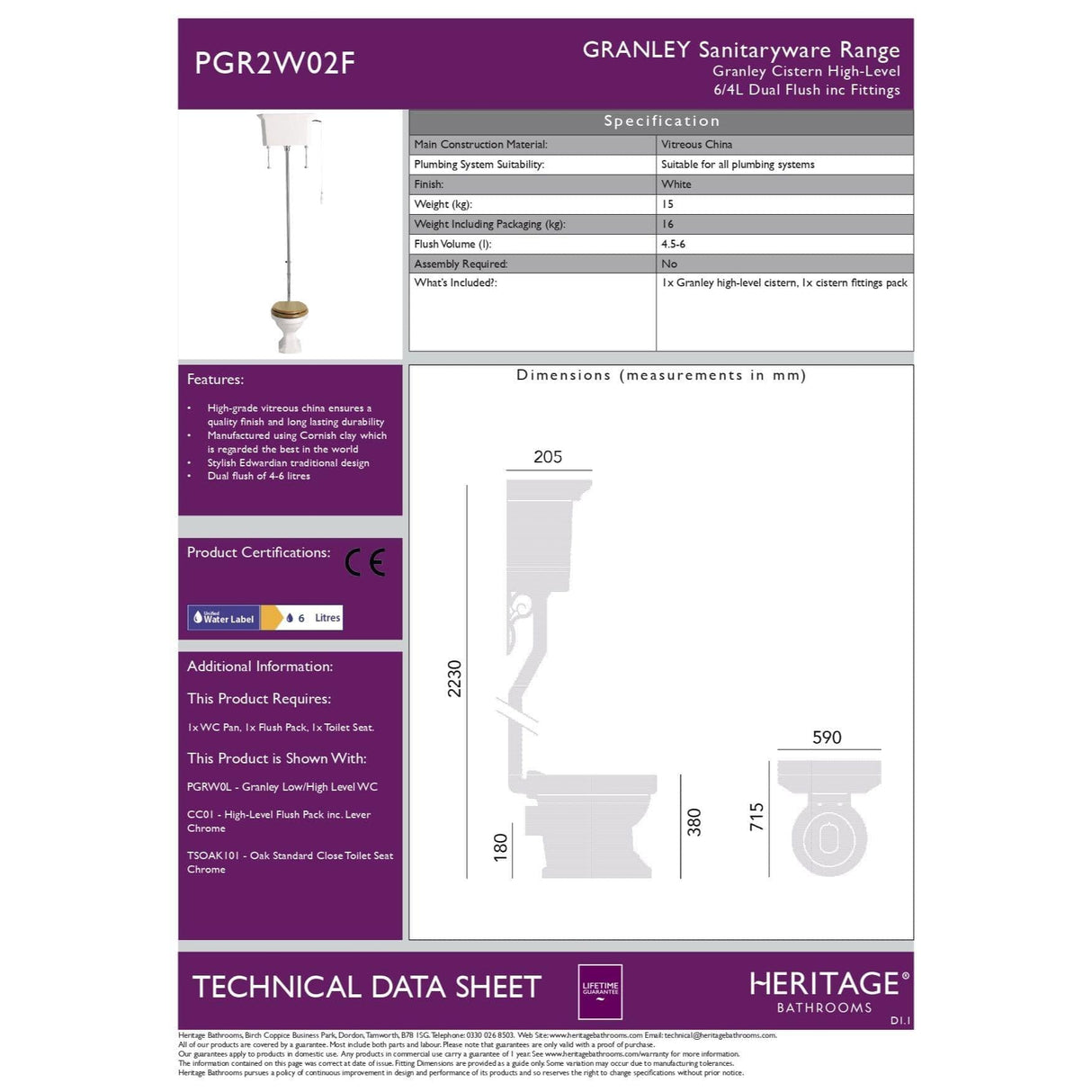 Heritage High Level Toilet Heritage Granley High Level Toilet with Fittings Pack