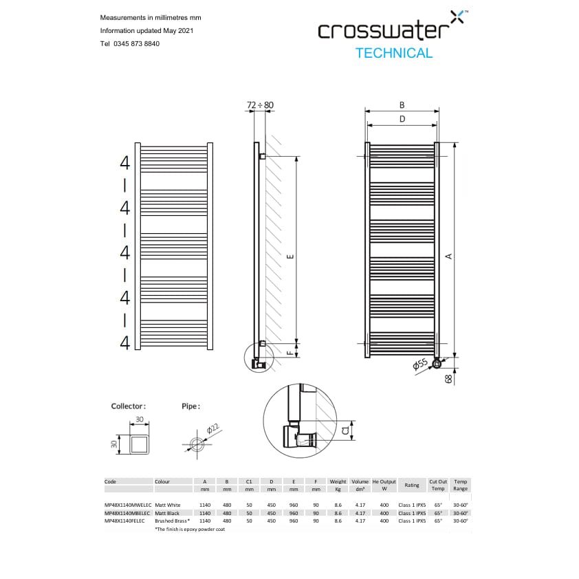 Crosswater Ladder Rail Crosswater MPRO Designer Vertical Towel Radiator in Brushed Brass