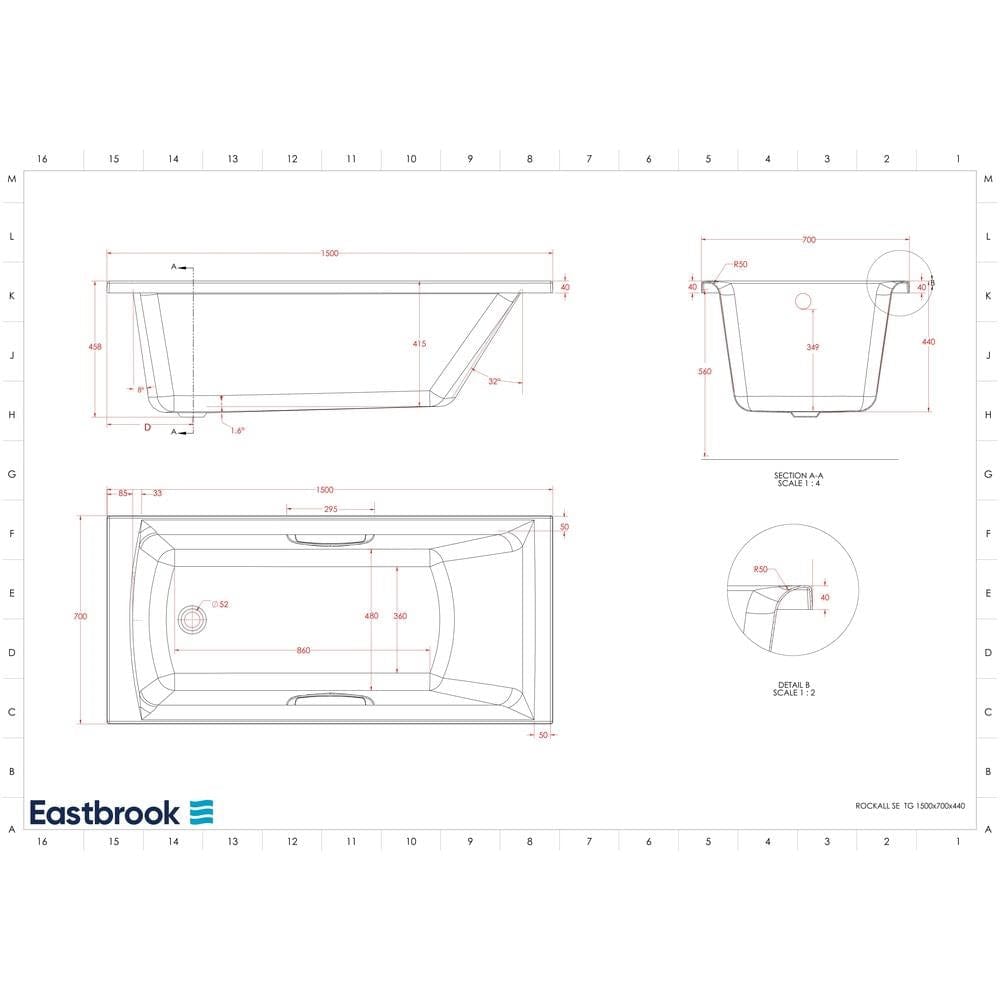 Eastbrook Single Ended Bath 1500 x 700mm / 5mm Eastbrook Rockall Single Ended Bath with Twin Grips