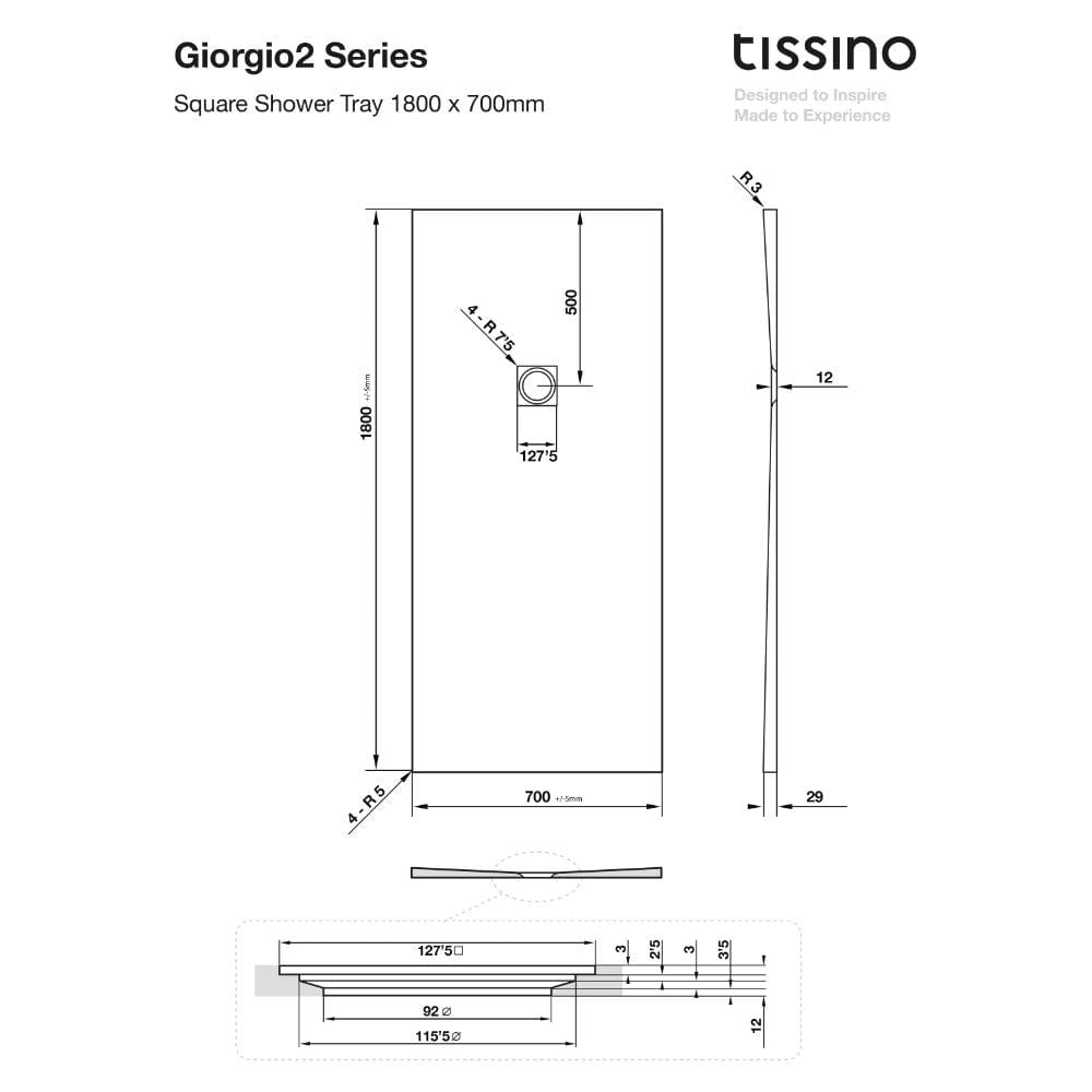 Tissino Rectangle Shower Tray 1800 x 700mm Tissino Giorgio2 Rectangle Shower Tray in White Slate