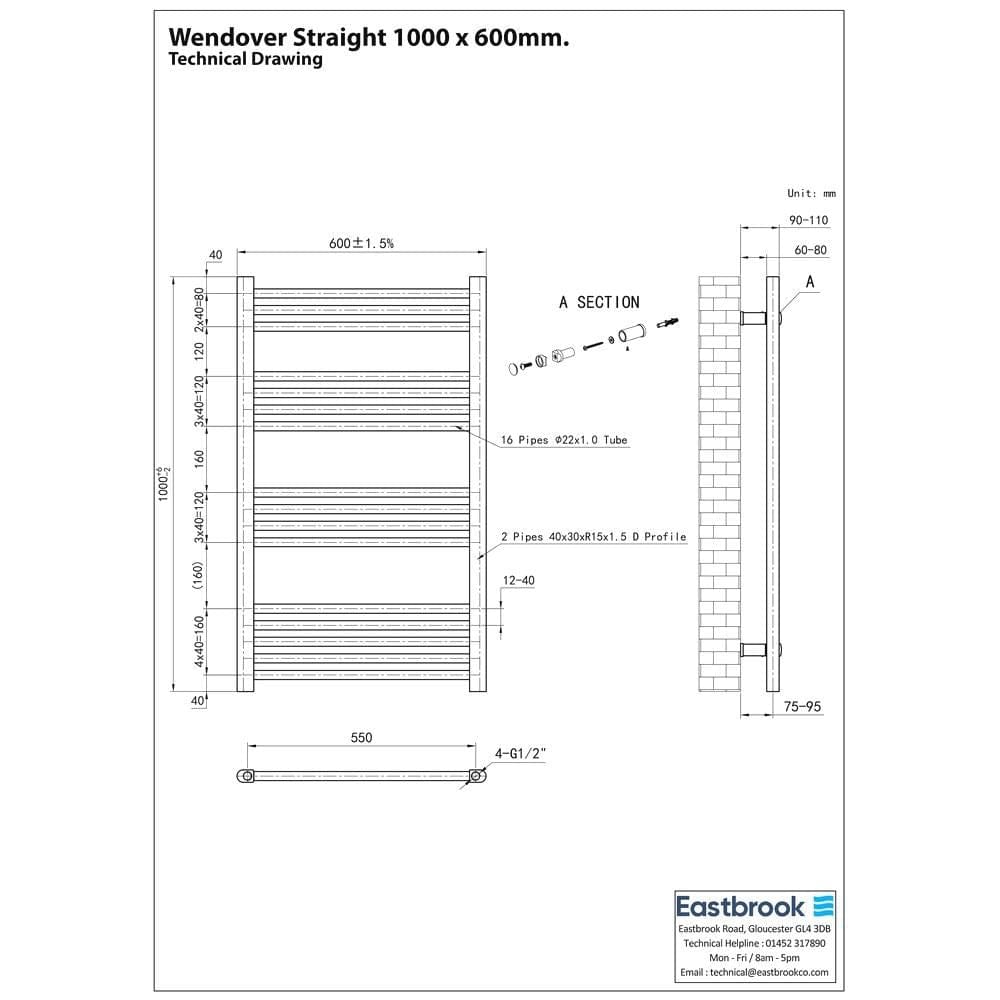 Eastbrook Wendover Straight Vertical Heated Towel Rail in White