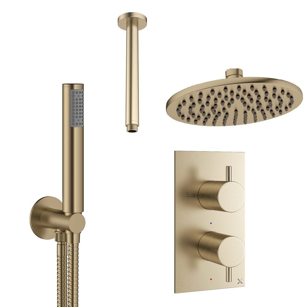 Crosswater Concealed Shower Set Brushed Brass / Ceiling Arm / 200mm Crosswater Design 2 Handle 2 Outlet Thermostatic Shower Set with Rainfall Head and Pencil Handset