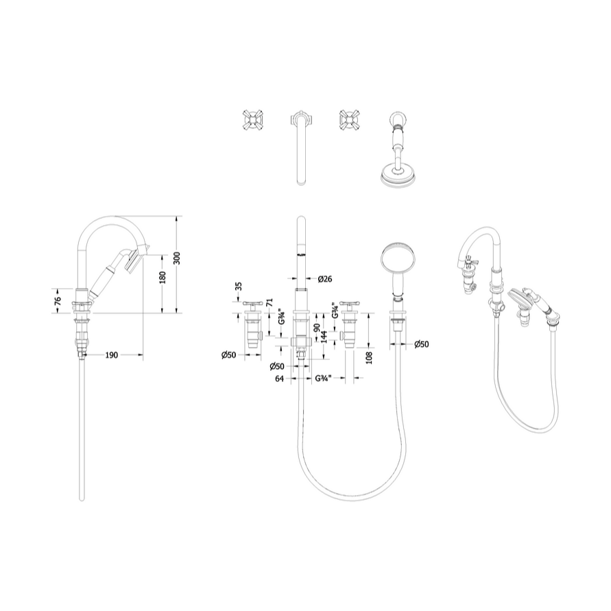 Burlington Riviera 4 Hole Bath Mixer Tap and Shower Handset