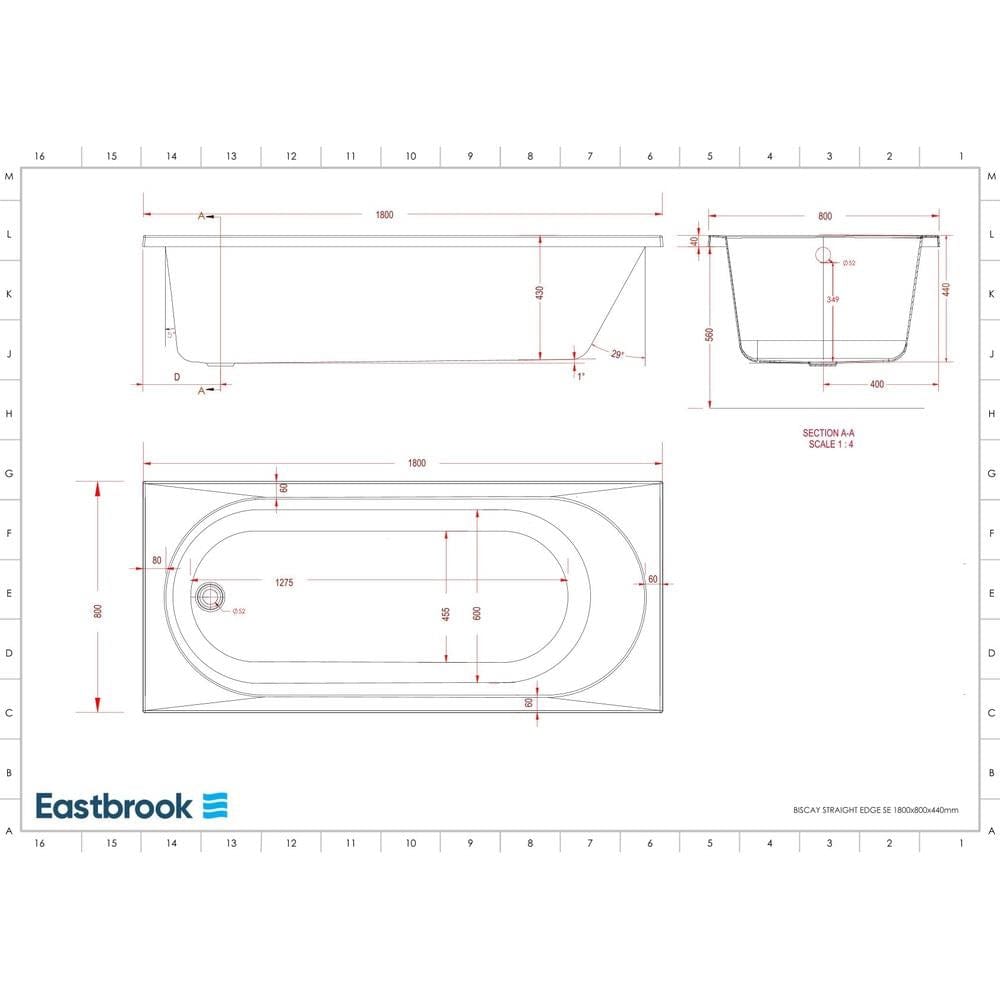 Eastbrook Single Ended Bath 1800 x 800 / 5mm Eastbrook Biscay Single Ended Straight Edge Bath