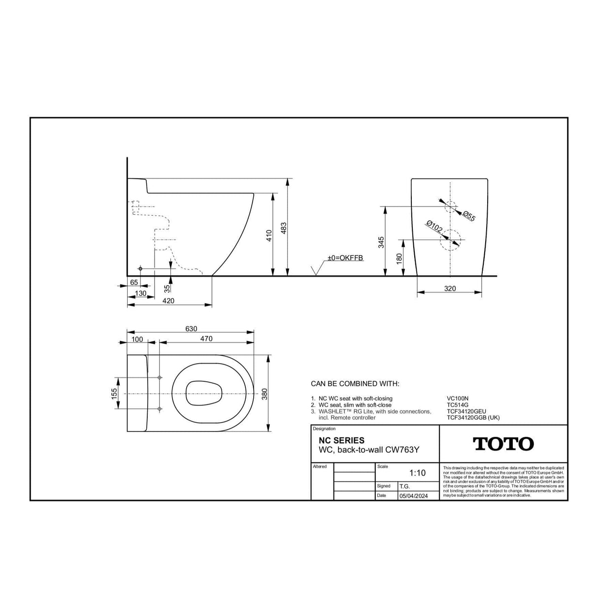 TOTO NC Back to Wall Rimless Toilet with Tornado Flush with Soft Close Seat