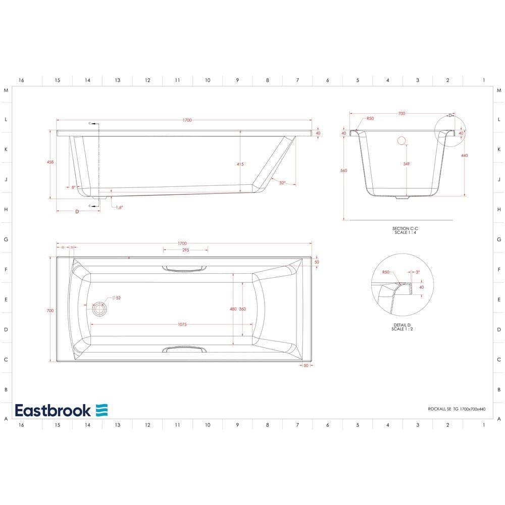 Eastbrook Single Ended Bath 1700 x 700mm / Reinforced Eastbrook Rockall Single Ended Bath with Twin Grips