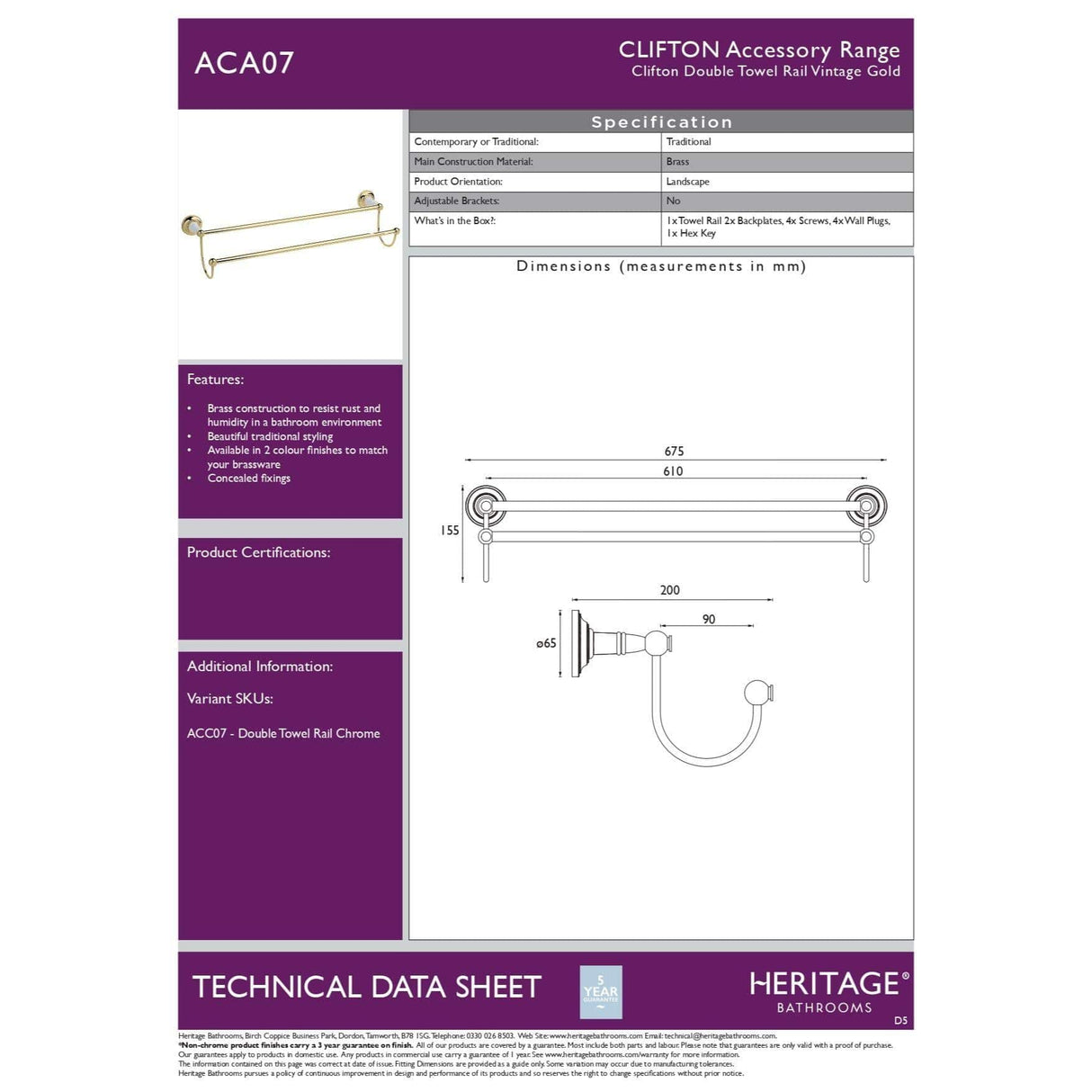 Heritage Towel Rails and Rings Heritage Clifton Double Towel Rail