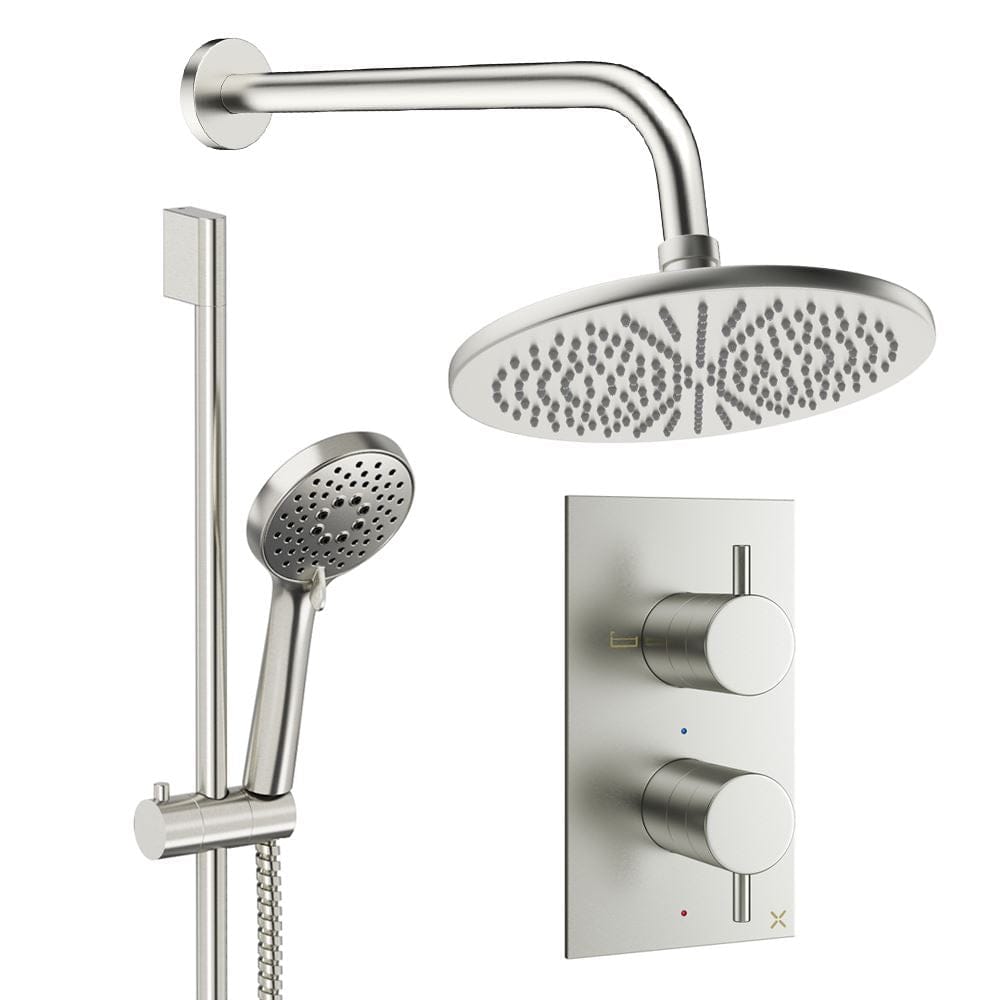 Crosswater Concealed Shower Set Brushed Nickel / Wall Arm / 300mm Crosswater Design 2 Handle 2 Outlet Shower Set 4 with Rainfall Head and Slide Rail Kit