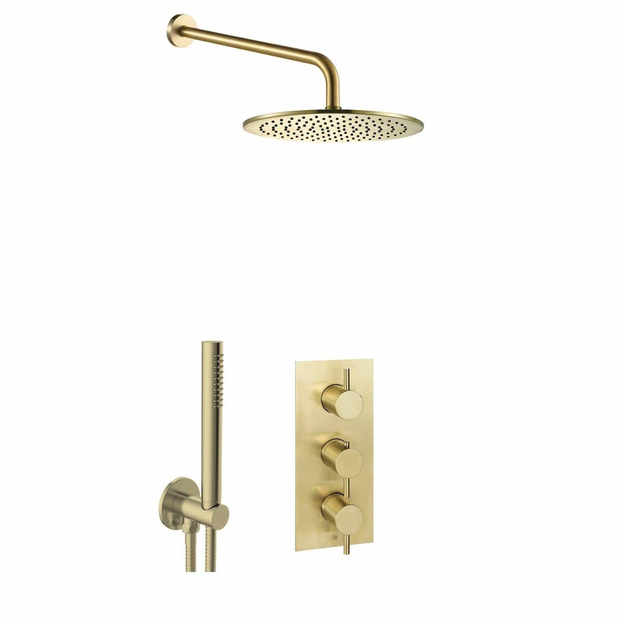 JTP Concealed Shower Set Brushed Brass JTP VOS Thermostatic Concealed Dual Outlet, 3 Handle Shower Kit with Showerhead and Headset